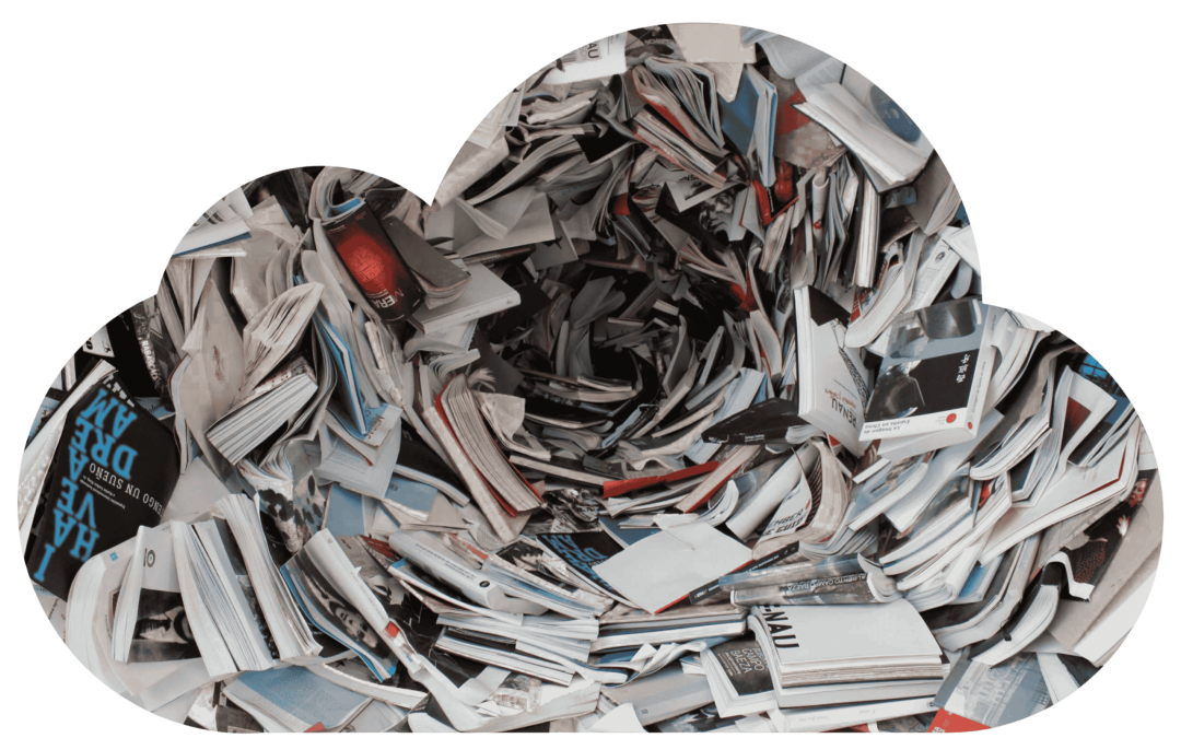 Cloud-shaped image packed with disorganised documents to illustrate content overload.