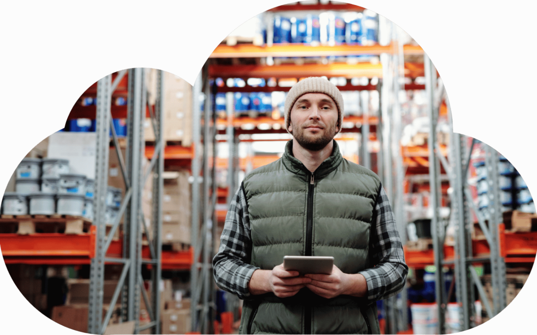 Warehouse employee using a tablet as an example of audience targeting for frontline workers in Microsoft 365.